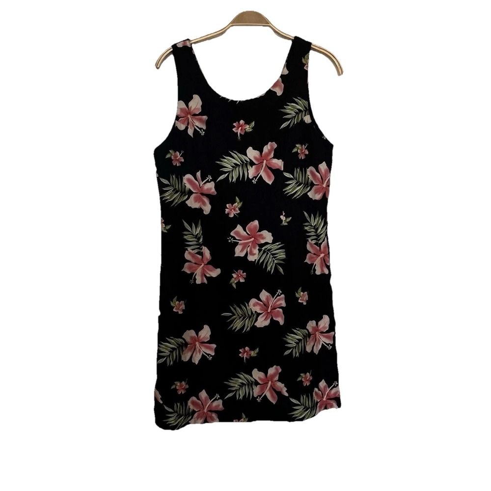 Pineapple Moon Tropical Silk Dress VTG Size M Black Floral Hawaiian 90s